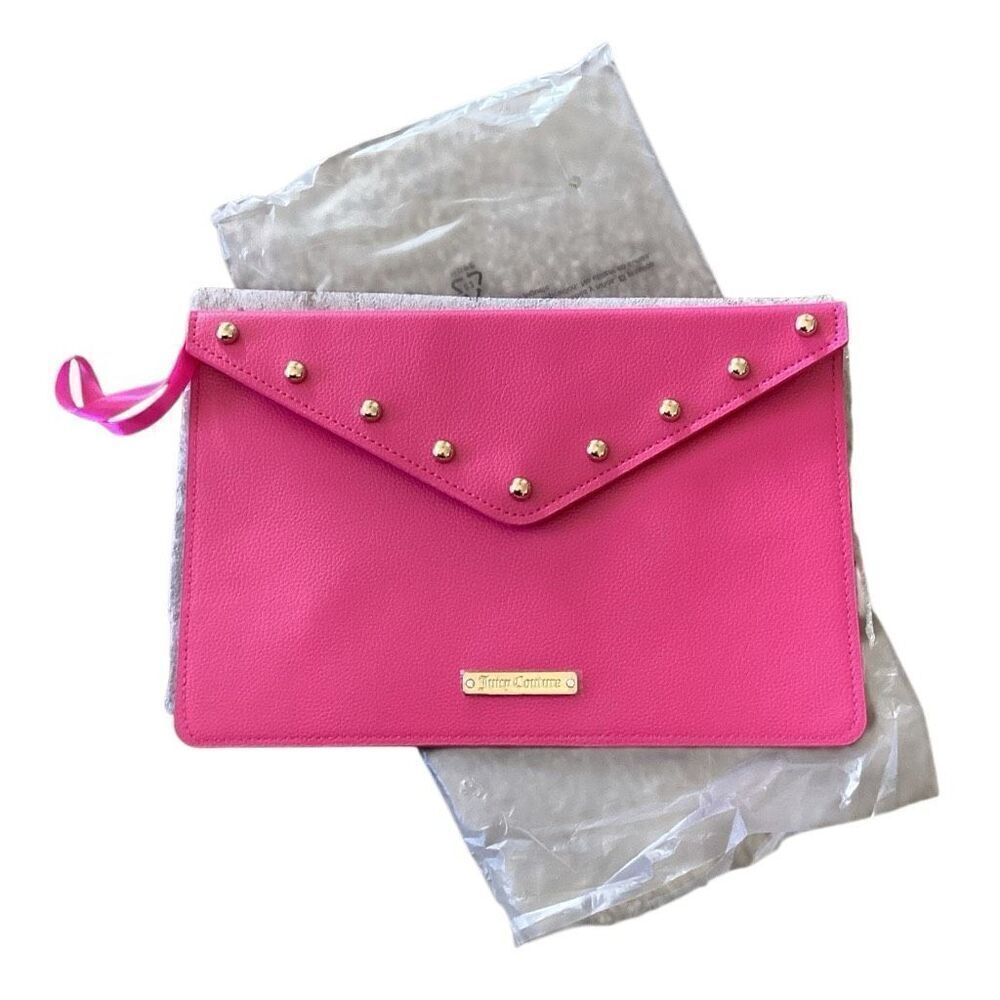 New Juicy Couture Pink Faux Leather Envelope Clutch Purse w/ Gold Studs